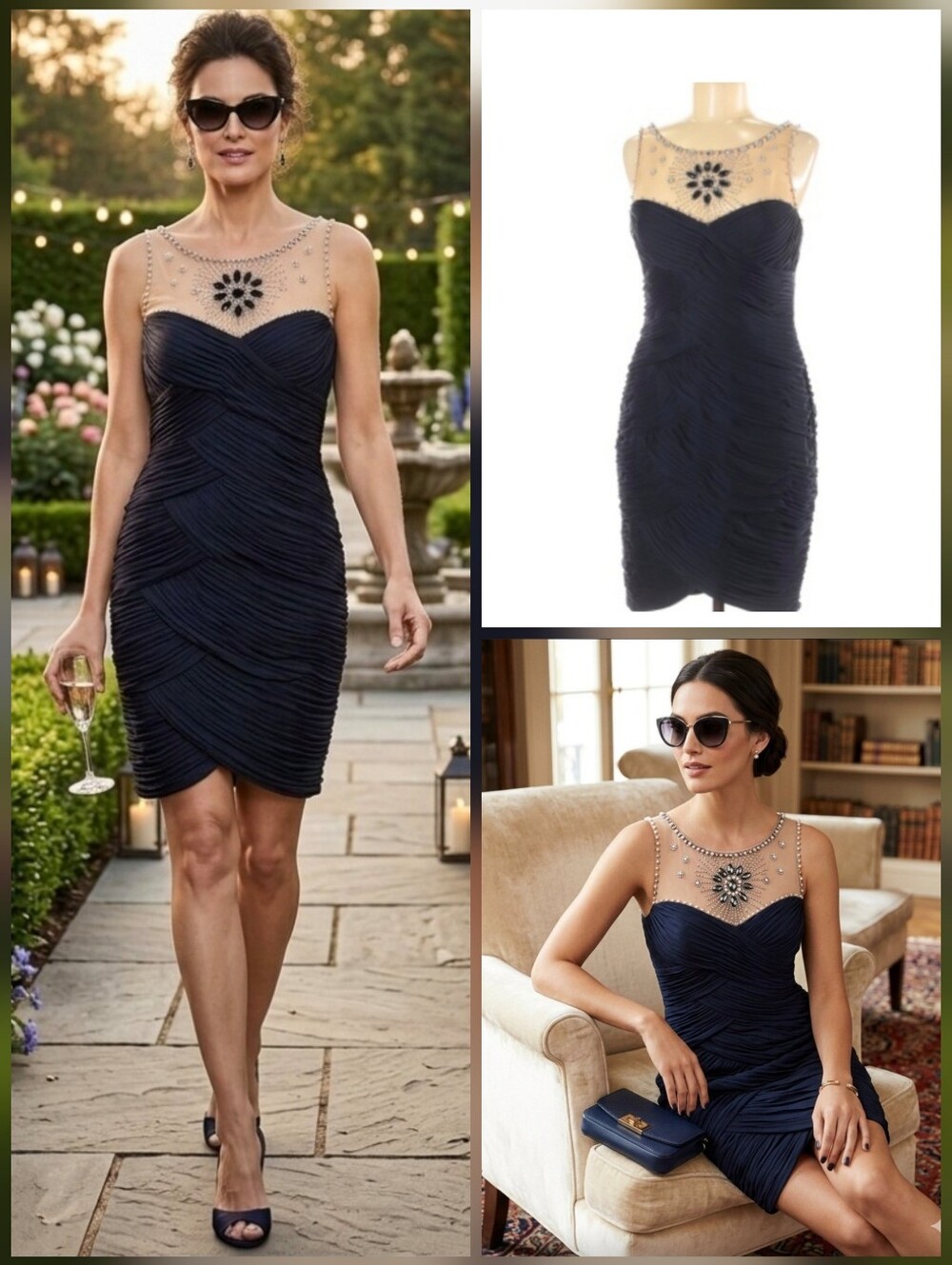 💙Adrianna Papell Navy Ruched Cocktail Dress Beaded Illusion Yoke 🤍Sz 10 Petite